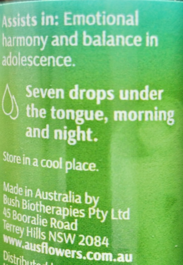 Green label with text about emotional harmony, drops for adolescents, and branding details.