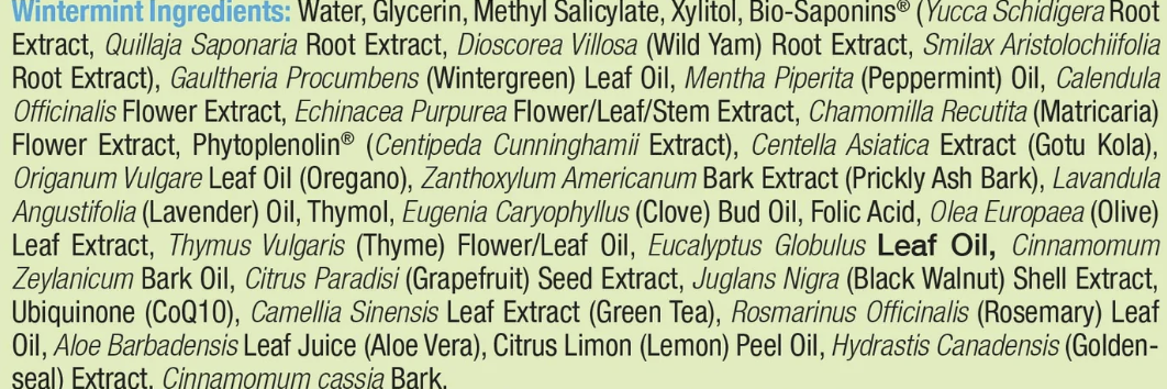 A close-up of a white ingredient list printed in black text, showing various botanical and extract ingredients such as water, glycerin, xylitol, bio-saponins, aloe vera, and citrus peel.