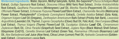A close-up of a white ingredient list printed in black text, showing various botanical and extract ingredients such as water, glycerin, xylitol, bio-saponins, aloe vera, and citrus peel.