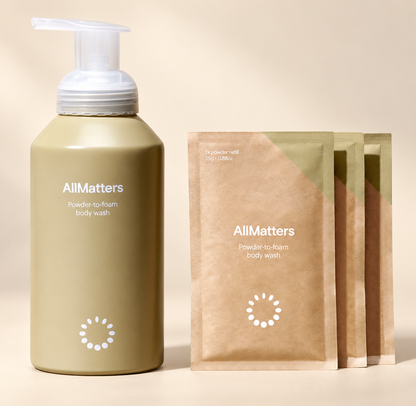 AllMatters Body Wash Starter Kit with reusable bottle and three powder refills