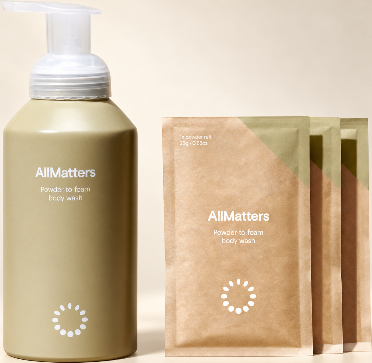 AllMatters Body Wash Starter Kit with reusable bottle and three powder refills