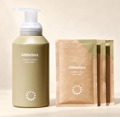 AllMatters Body Wash Starter Kit with reusable bottle and three powder refills
