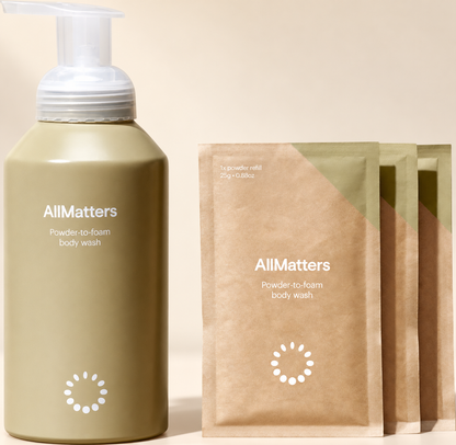 AllMatters Body Wash Starter Kit with reusable bottle and three powder refills