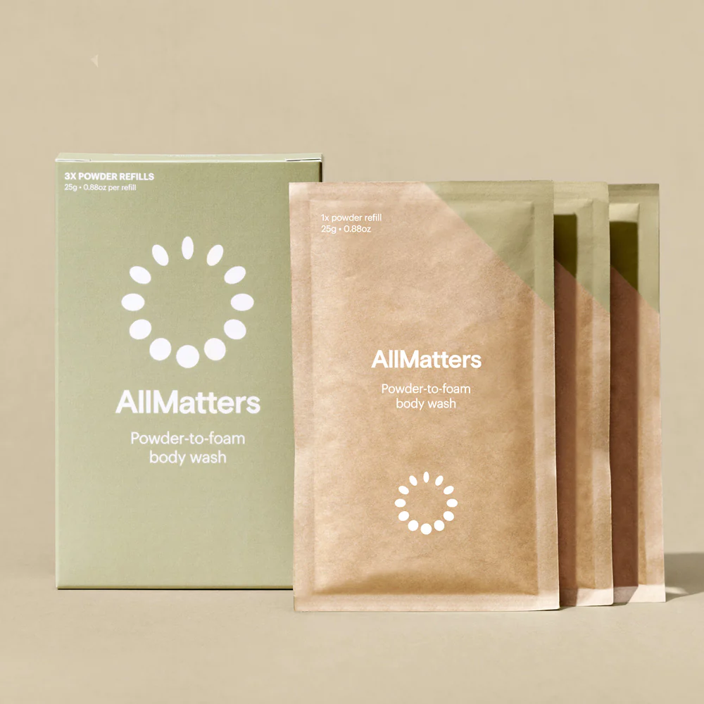 AllMatters Body Wash Powder Refills – 3 × 25g – box and sachets
