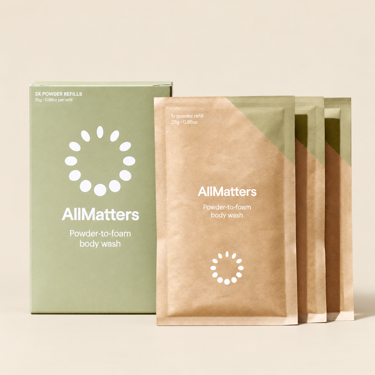 AllMatters Body Wash Powder Refills – 3 × 25g on a warm beige background