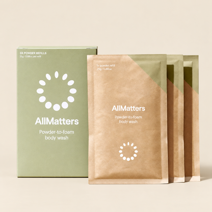 AllMatters Body Wash Powder Refills – 3 × 25g on a warm beige background