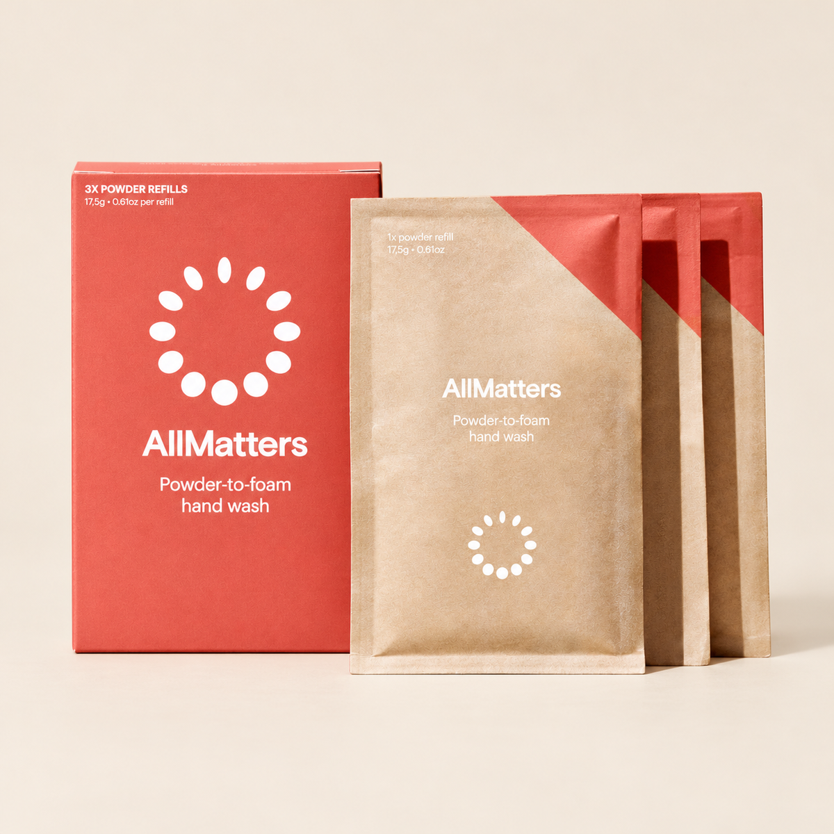 AllMatters Hand Wash Powder Refills – 3 × 17.5g on a warm beige background