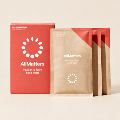 AllMatters Hand Wash Powder Refills – 3 × 17.5g on a warm beige background