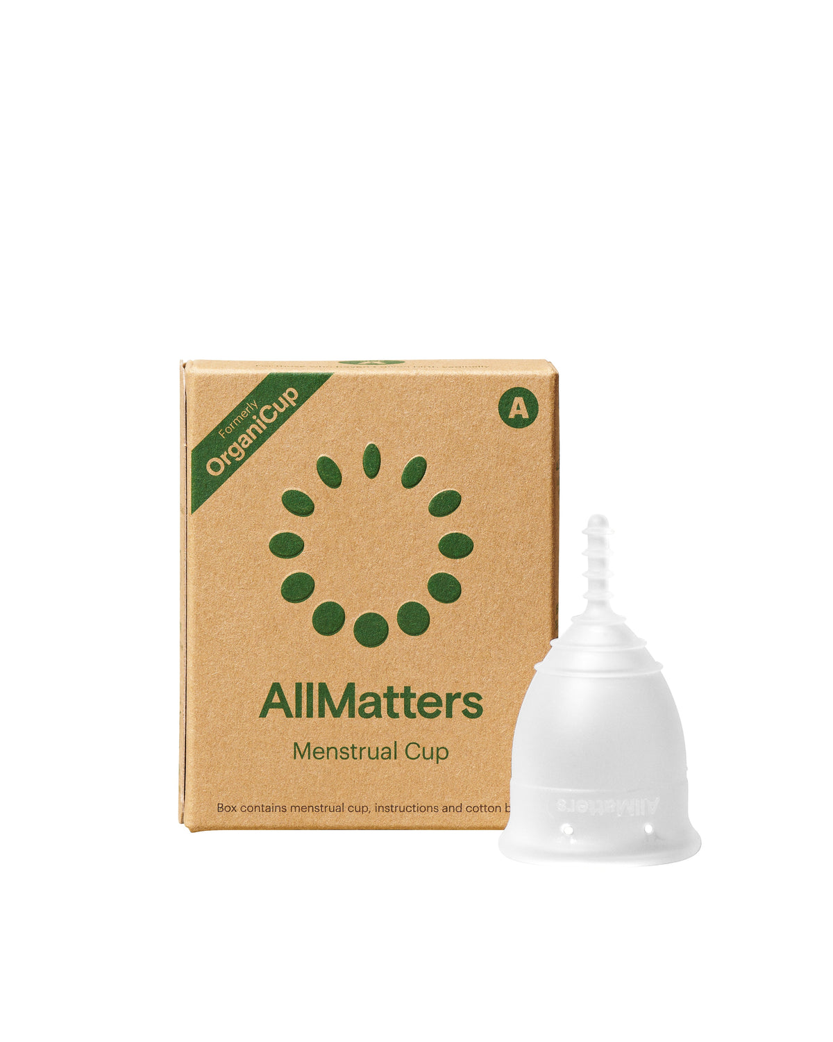 AllMatters OrganiCup Reusable Menstrual Cup – Size A – cup and box