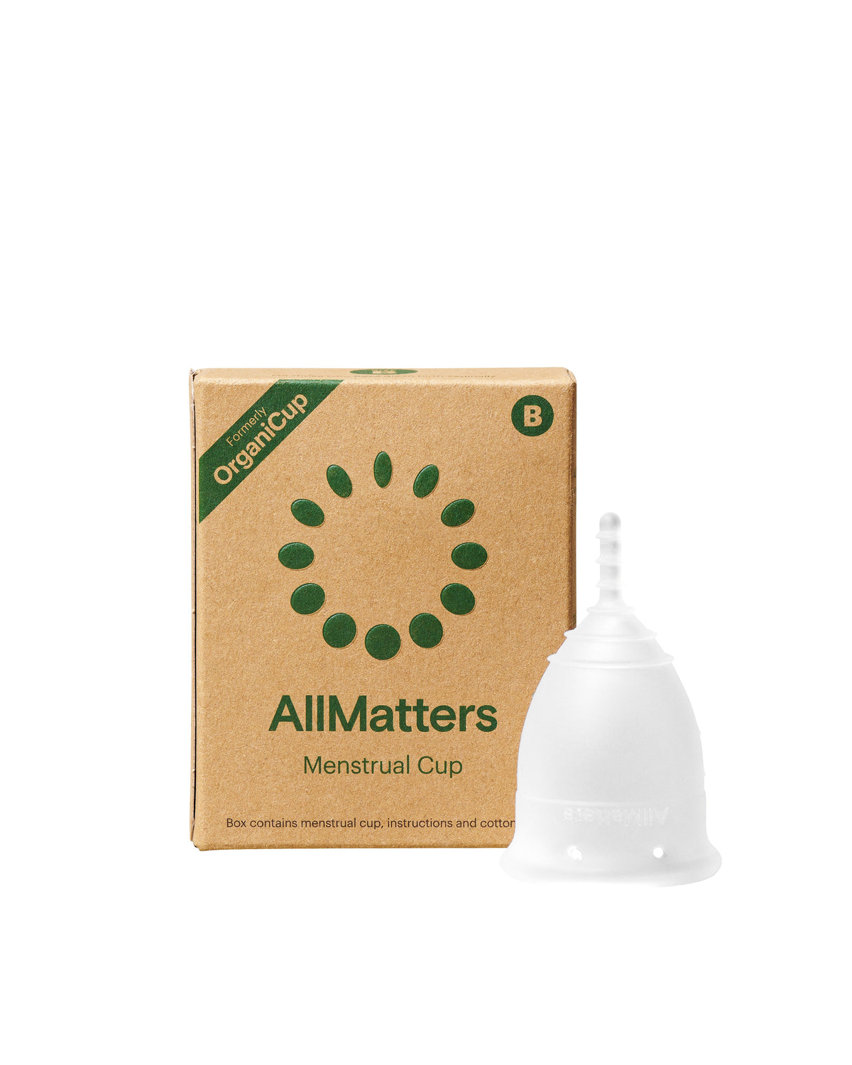 AllMatters OrganiCup Reusable Menstrual Cup – Size B – cup and box
