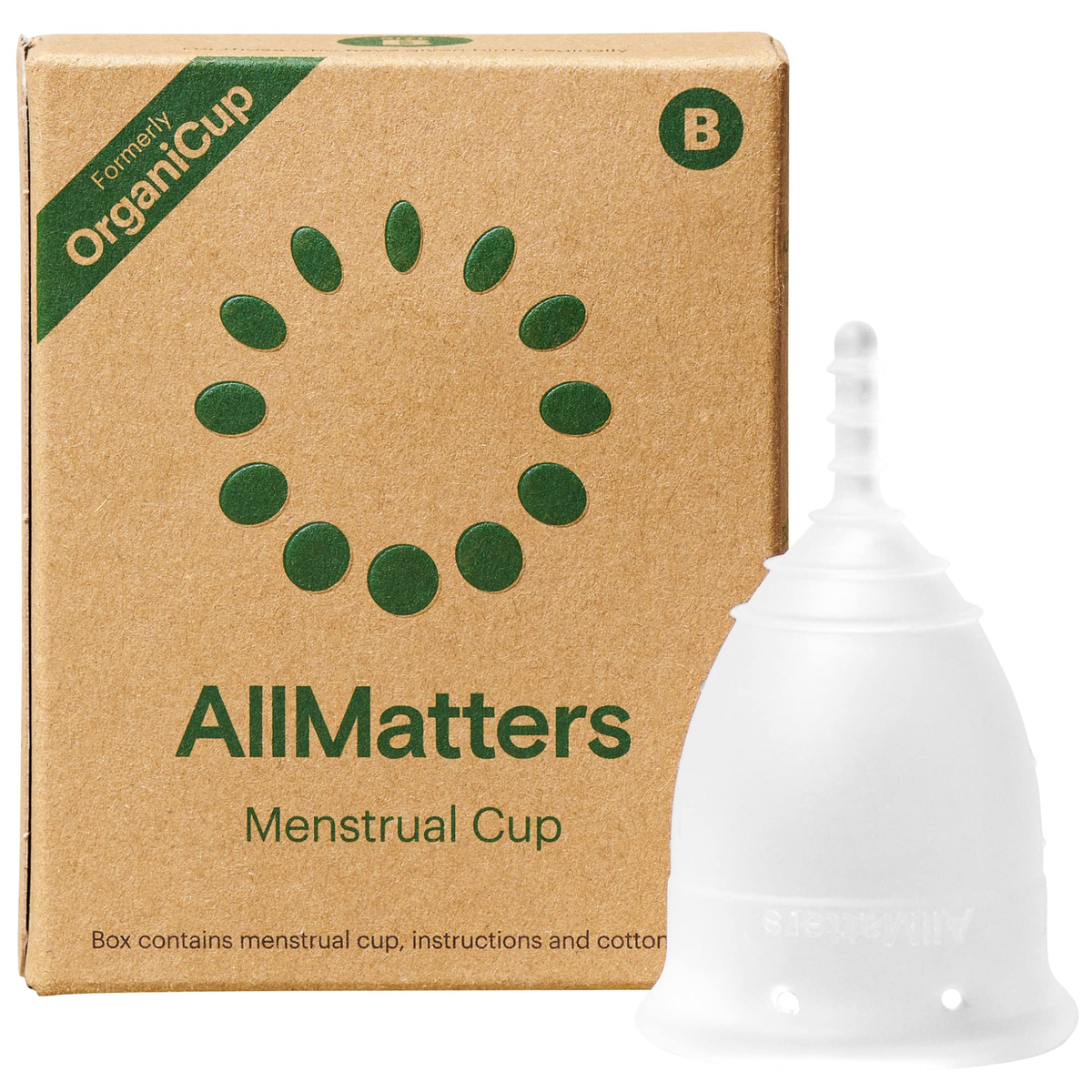 AllMatters OrganiCup Reusable Menstrual Cup – Size B – pack close up