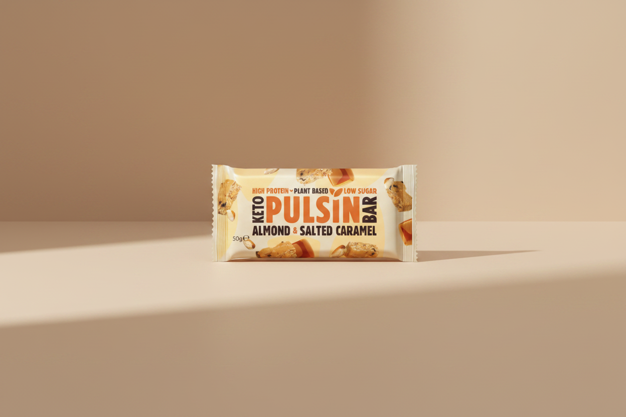 Keto Pulsin' Almond & Salted Caramel bar packaging on a white background