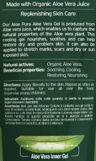 A square product information card in Italian for Aloe Vera Inner Gel, showing a green and white gel jar with a white cap on a white background, accompanied by text detailing its organic aloe vera juice production, natural benefits, directions, and warnings.