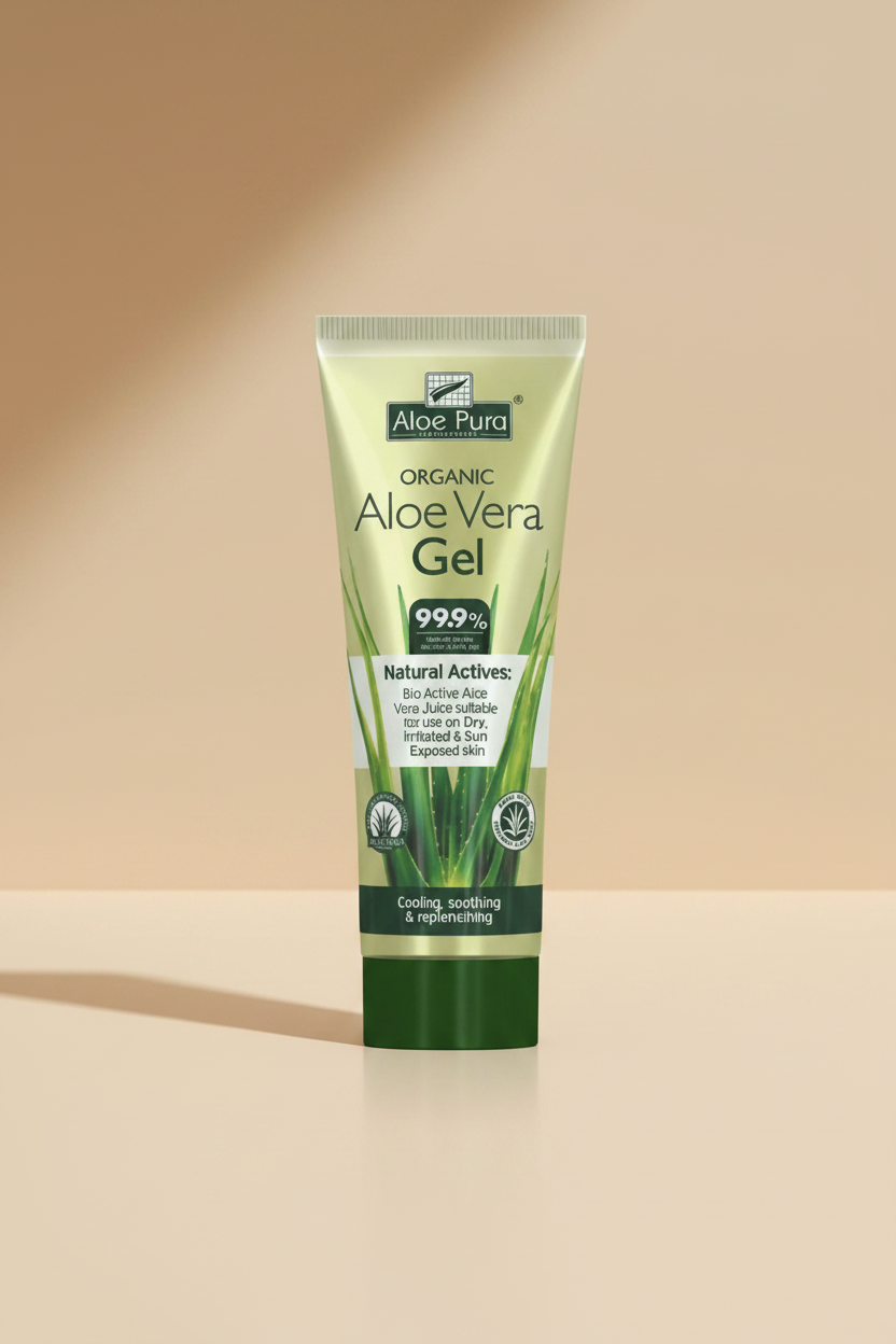 A tube of Aloe Pura Organic Aloe Vera Gel, featuring a light green and white design with a dark green cap, set against a plain white background.