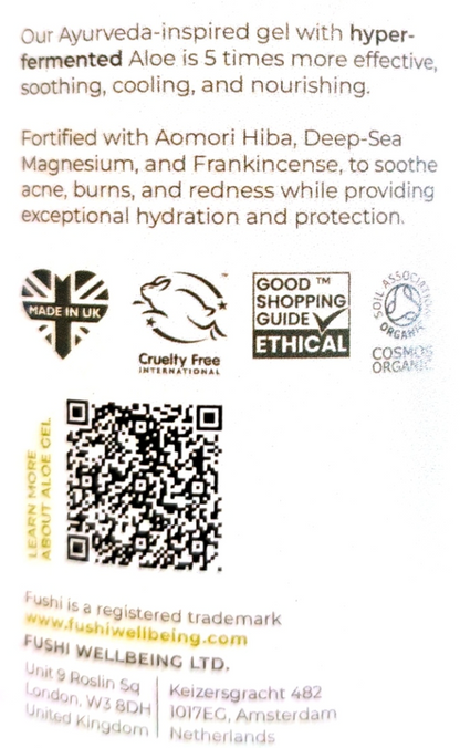 Back of a skincare gel package showing product text, ingredient claims, certification logos, a QR code, and Fushii Wellbeing Ltd. contact information on a white background.