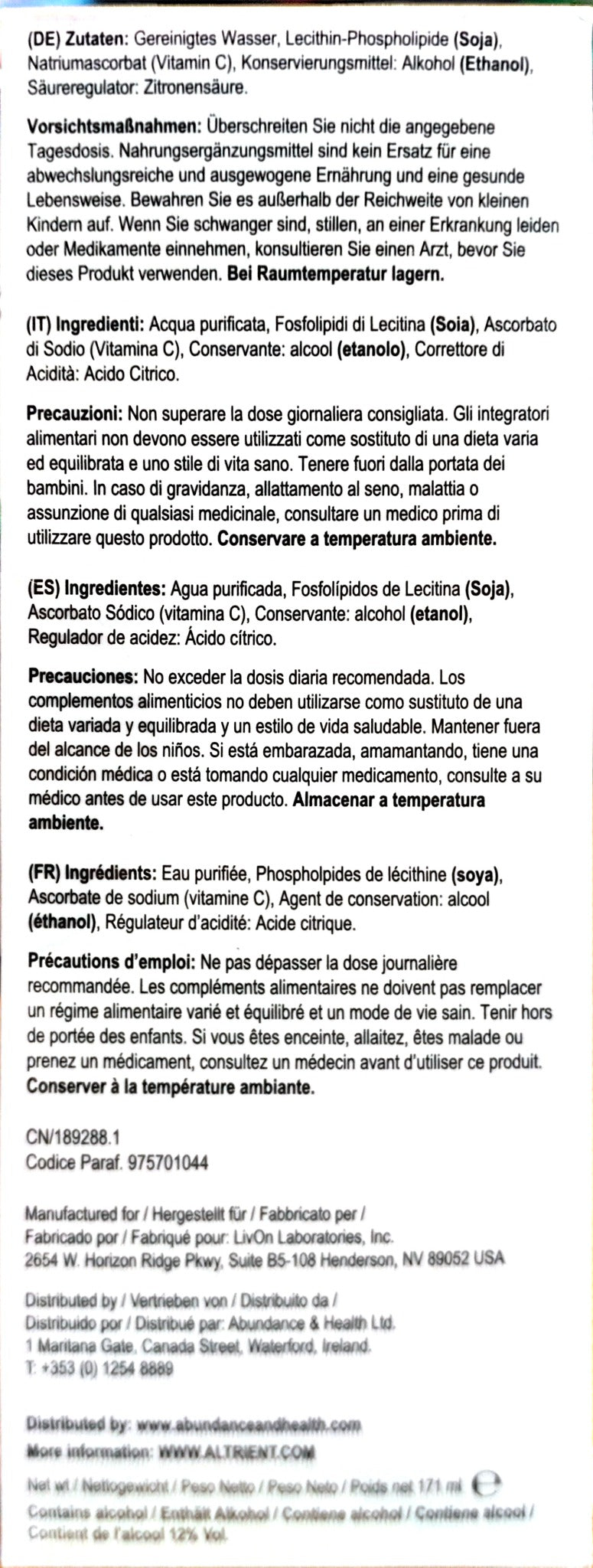 Altrient C multilingual ingredients and precautions label with soya and alcohol information