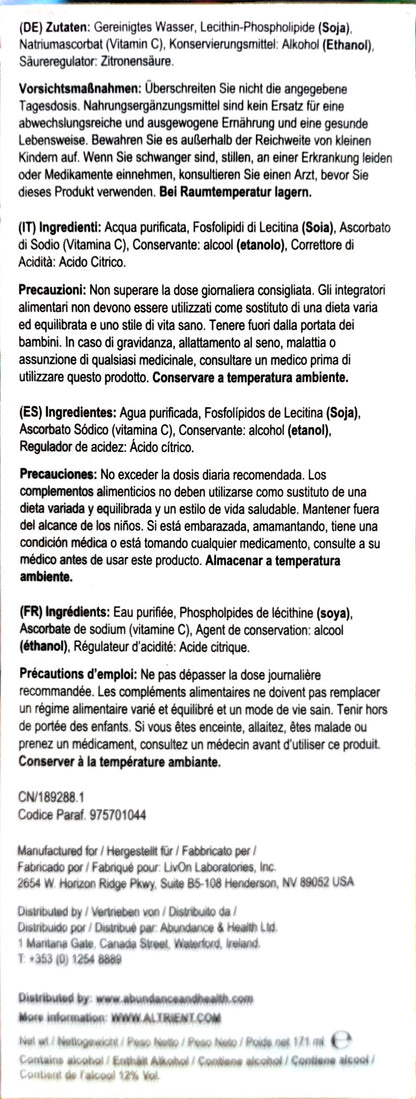 Altrient C multilingual ingredients and precautions label with soya and alcohol information