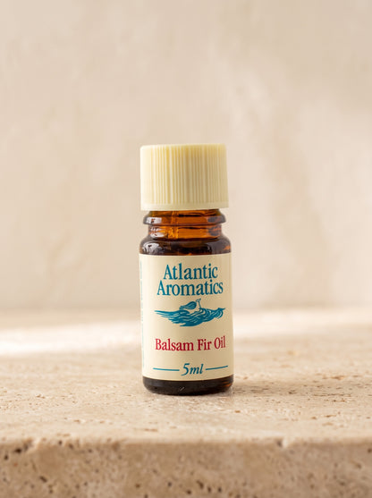 Atlantic Aromatics Balsam Fir Essential Oil – 5ml front bottle label on warm beige background