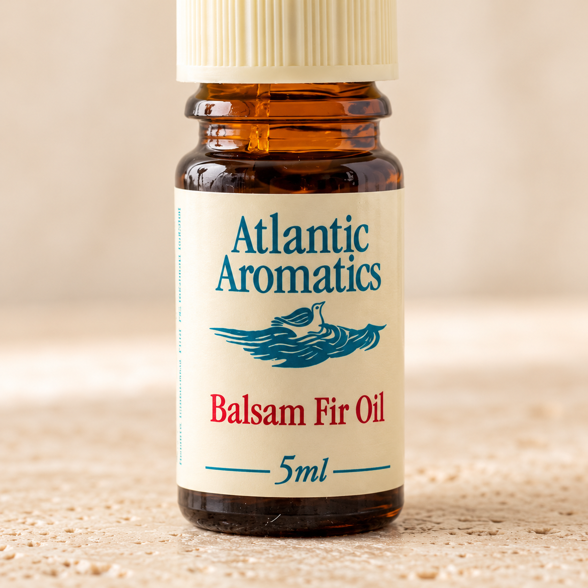 Atlantic Aromatics Balsam Fir Essential Oil – 5ml close-up of front label and bottle