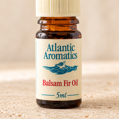 Atlantic Aromatics Balsam Fir Essential Oil – 5ml close-up of front label and bottle