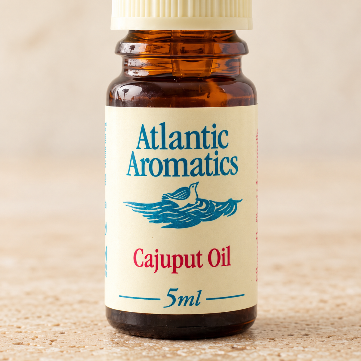 Atlantic Aromatics Cajuput Essential Oil – 5ml close-up of front label and bottle