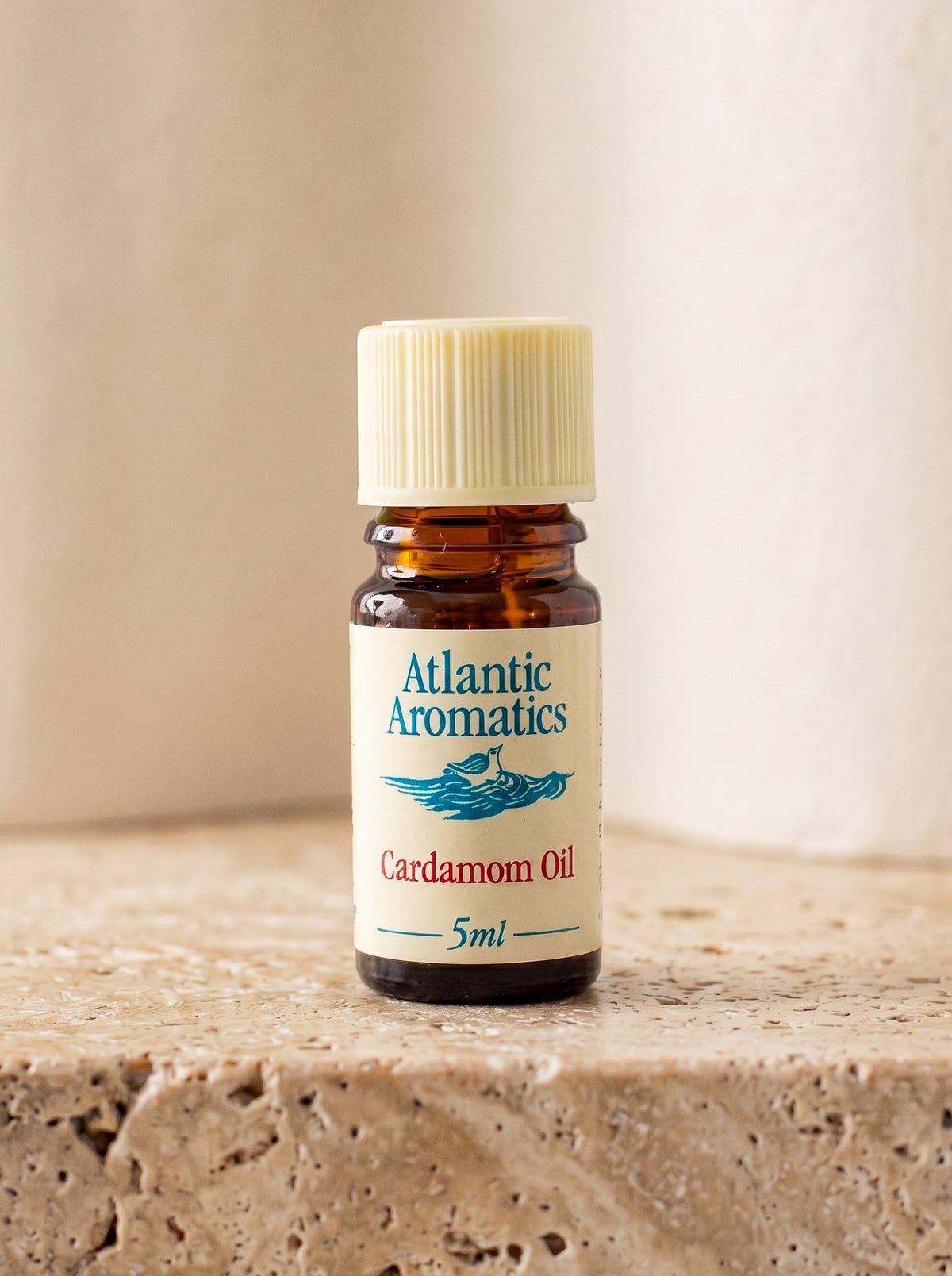 Atlantic Aromatics Cardamom Essential Oil – 5ml front bottle on warm beige background