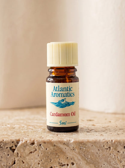 Atlantic Aromatics Cardamom Essential Oil – 5ml front bottle on warm beige background