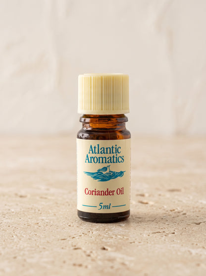 Atlantic Aromatics Coriander Essential Oil – 5ml front bottle on warm beige background