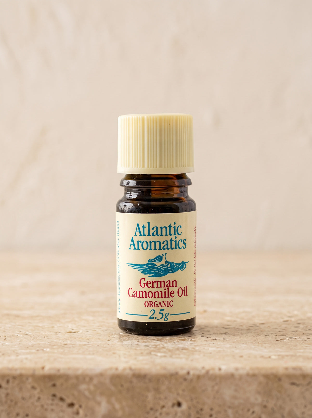 Atlantic Aromatics German Camomile Organic Essential Oil – 2.5g front bottle label on warm beige background