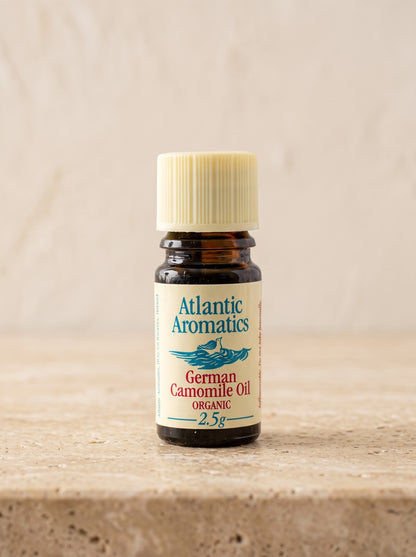 Atlantic Aromatics German Camomile Organic Essential Oil – 2.5g front bottle label on warm beige background
