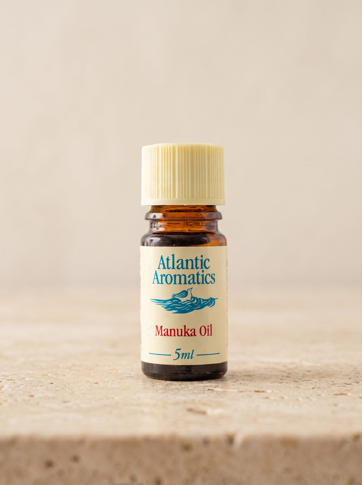 Atlantic Aromatics Manuka Essential Oil – 5ml front bottle on warm beige background