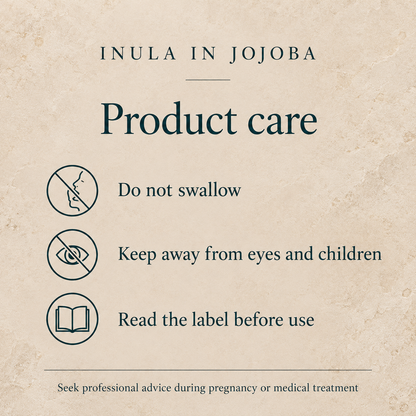 Inula in jojoba product care: do not swallow, avoid eyes and keep away from children