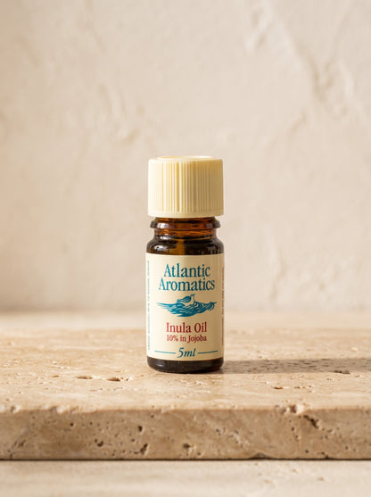 Atlantic Aromatics Organic Inula Oil 10% in Jojoba – 5ml front bottle on warm beige background