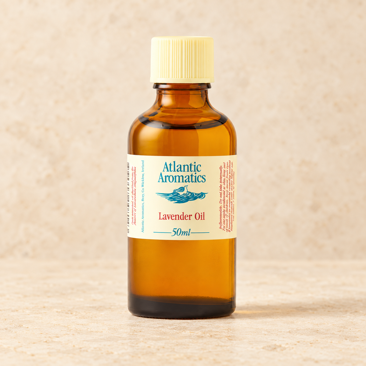 Atlantic Aromatics Lavender Oil 50ml bottle on warm beige background