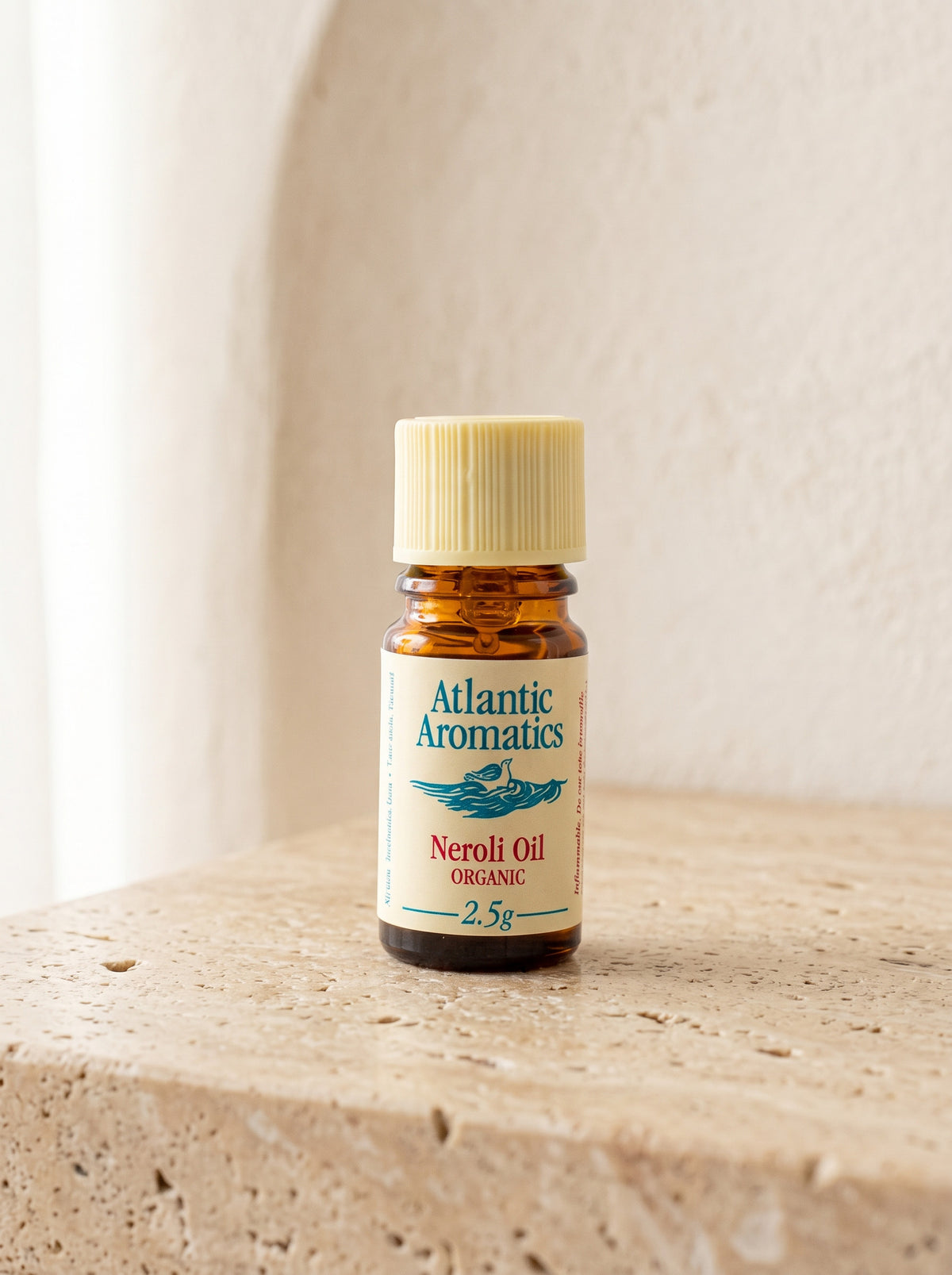 Atlantic Aromatics Organic Neroli Essential Oil – 2.5g front bottle on warm beige background