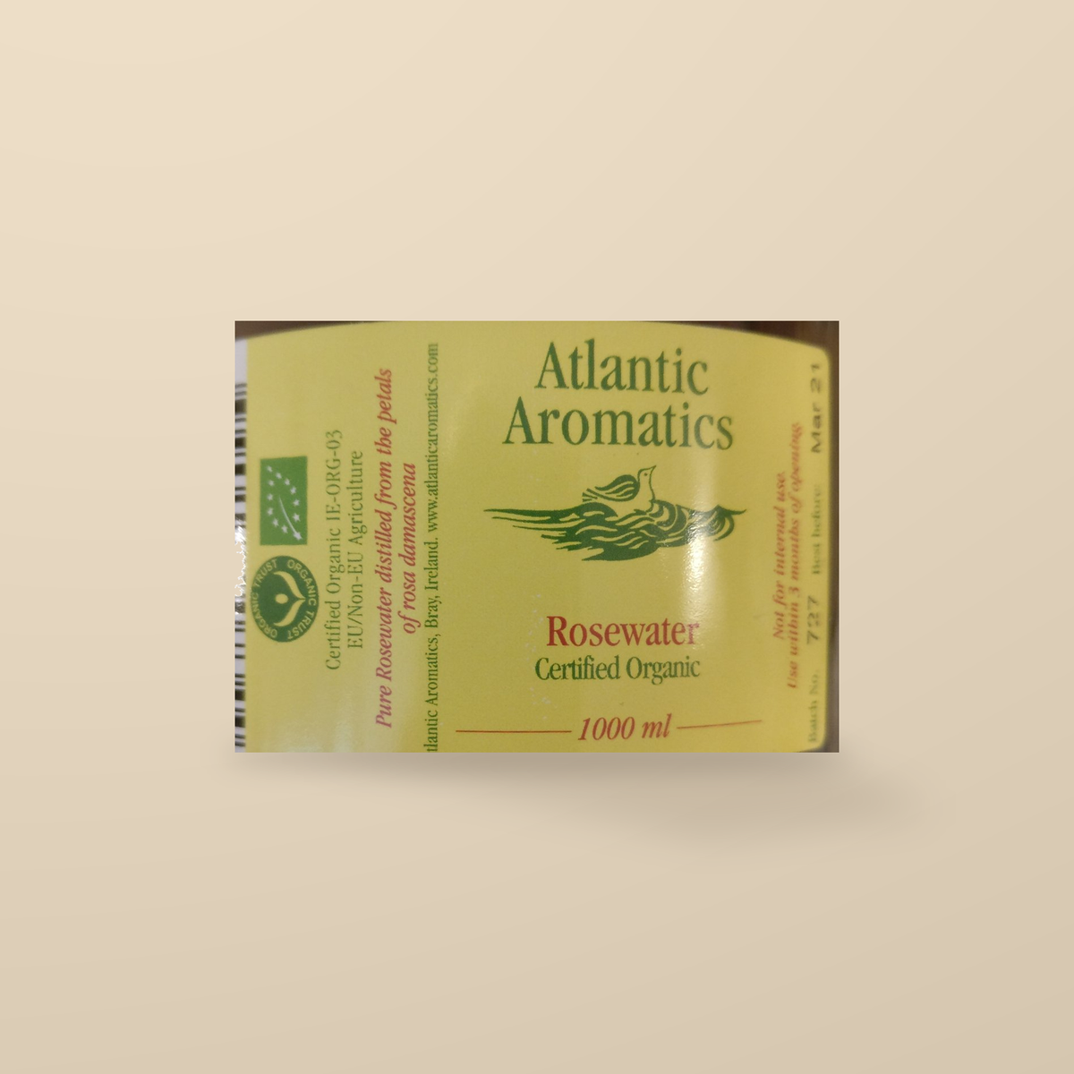 Atlantic Aromatics Organic Rosewater – 1L — original product packaging on warm beige background
