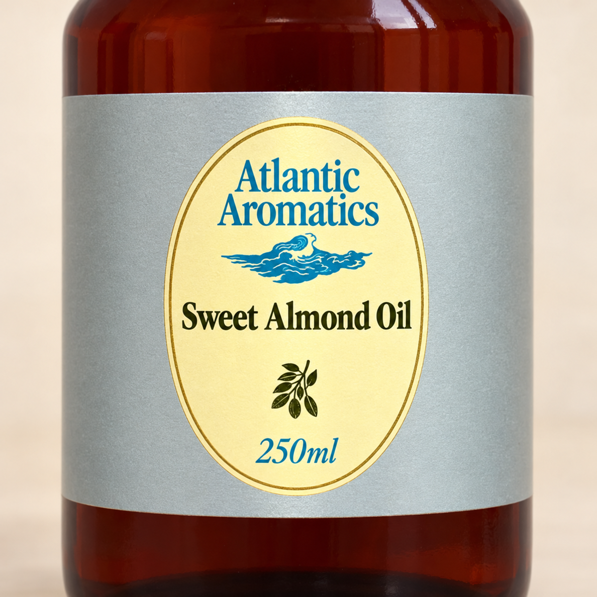 Atlantic Aromatics Sweet Almond Oil – Cold Pressed Carrier Oil – 250ml — front label detail