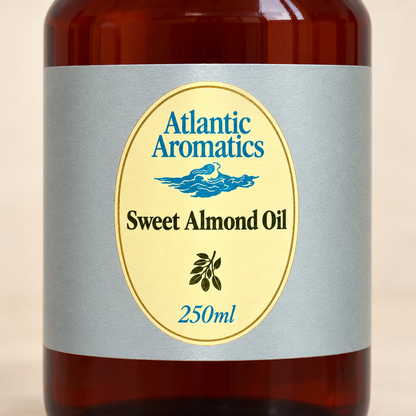 Atlantic Aromatics Sweet Almond Oil – Cold Pressed Carrier Oil – 250ml — front label detail