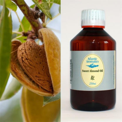 Atlantic Aromatics Sweet Almond Oil 250ml original bottle photograph with almond fruit