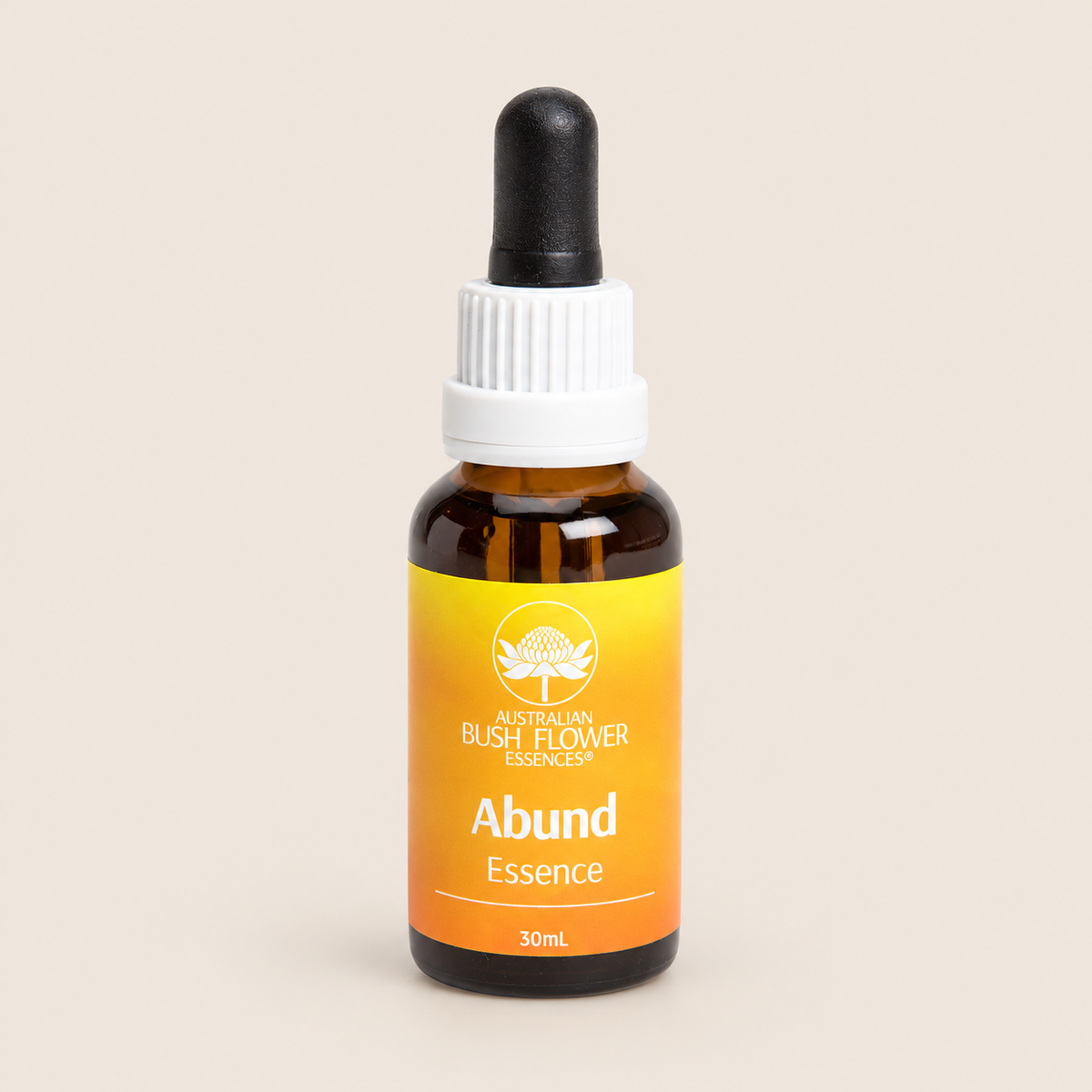 Australian Bush Flower Abund (Abundance) Essence Drops – 30ml — bottle front on beige background