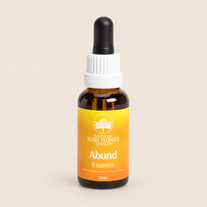 Australian Bush Flower Abund (Abundance) Essence Drops – 30ml — bottle front on beige background