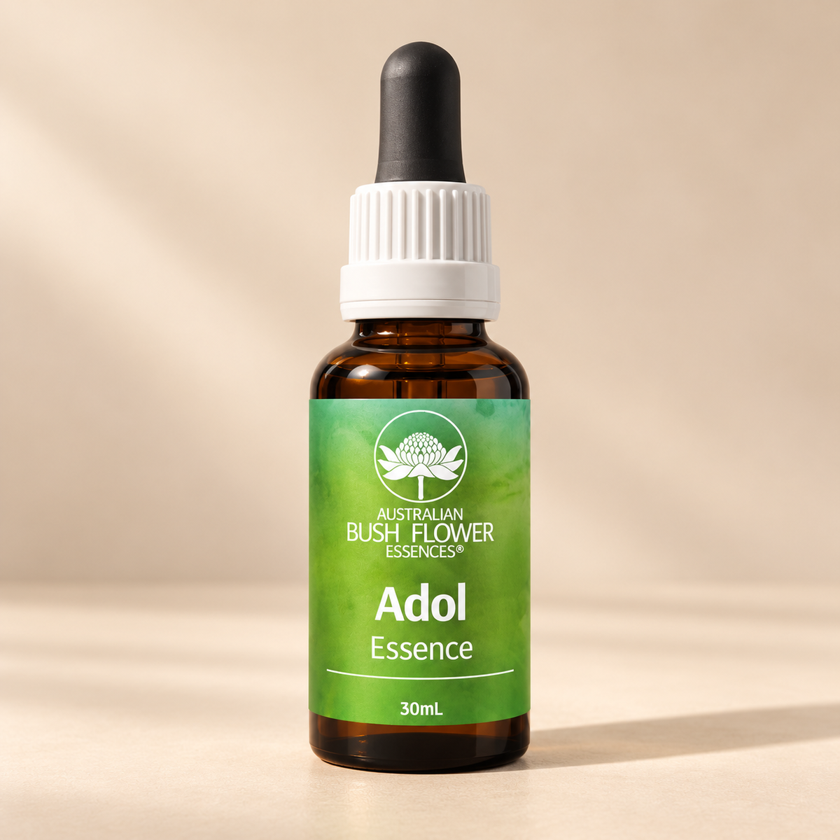 Australian Bush Flower Adol Essence 30ml dropper bottle on a warm cream studio background