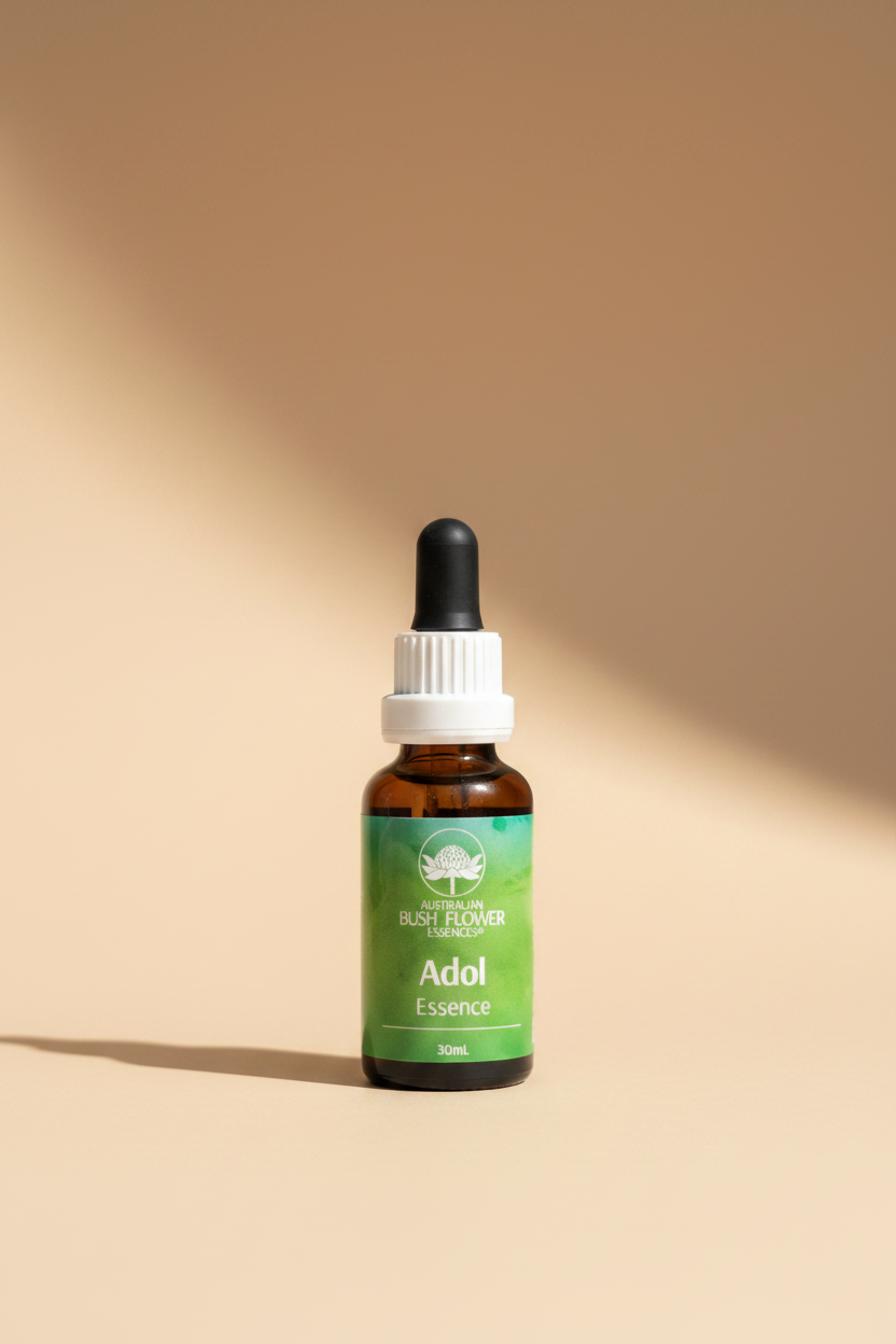 Bottle of Adol Essence from Australian Bush Flower Essences held by a gloved hand.
