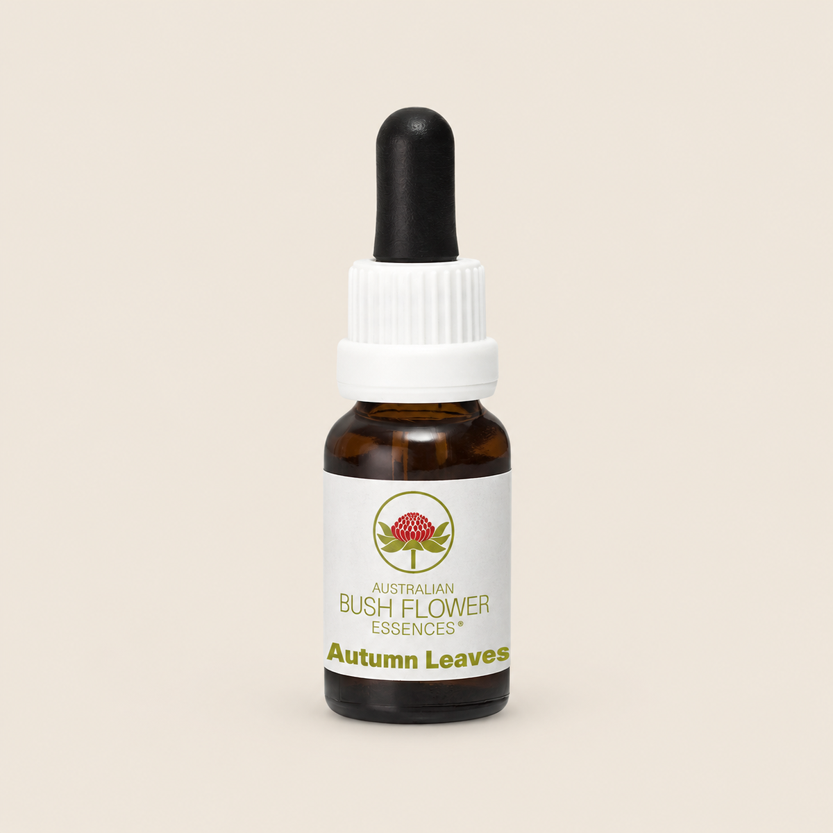 Australian Bush Flower autumn leaves 15ml — bottle on a warm beige background