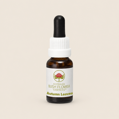 Australian Bush Flower autumn leaves 15ml — bottle on a warm beige background