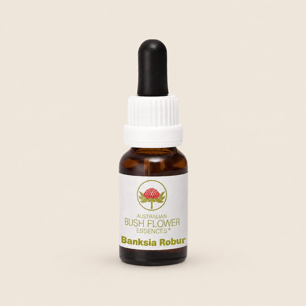 Australian Bush Flower banksia robur 15ml — bottle on a warm beige background