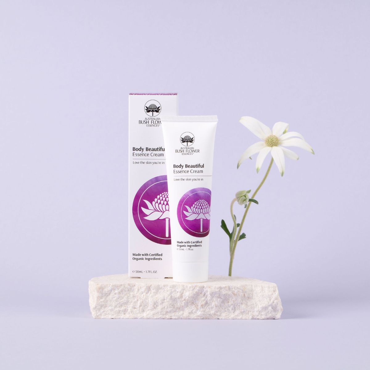 Australian Bush Flower Body Beautiful Essence Cream 50ml — manufacturer styled tube and carton with a flower