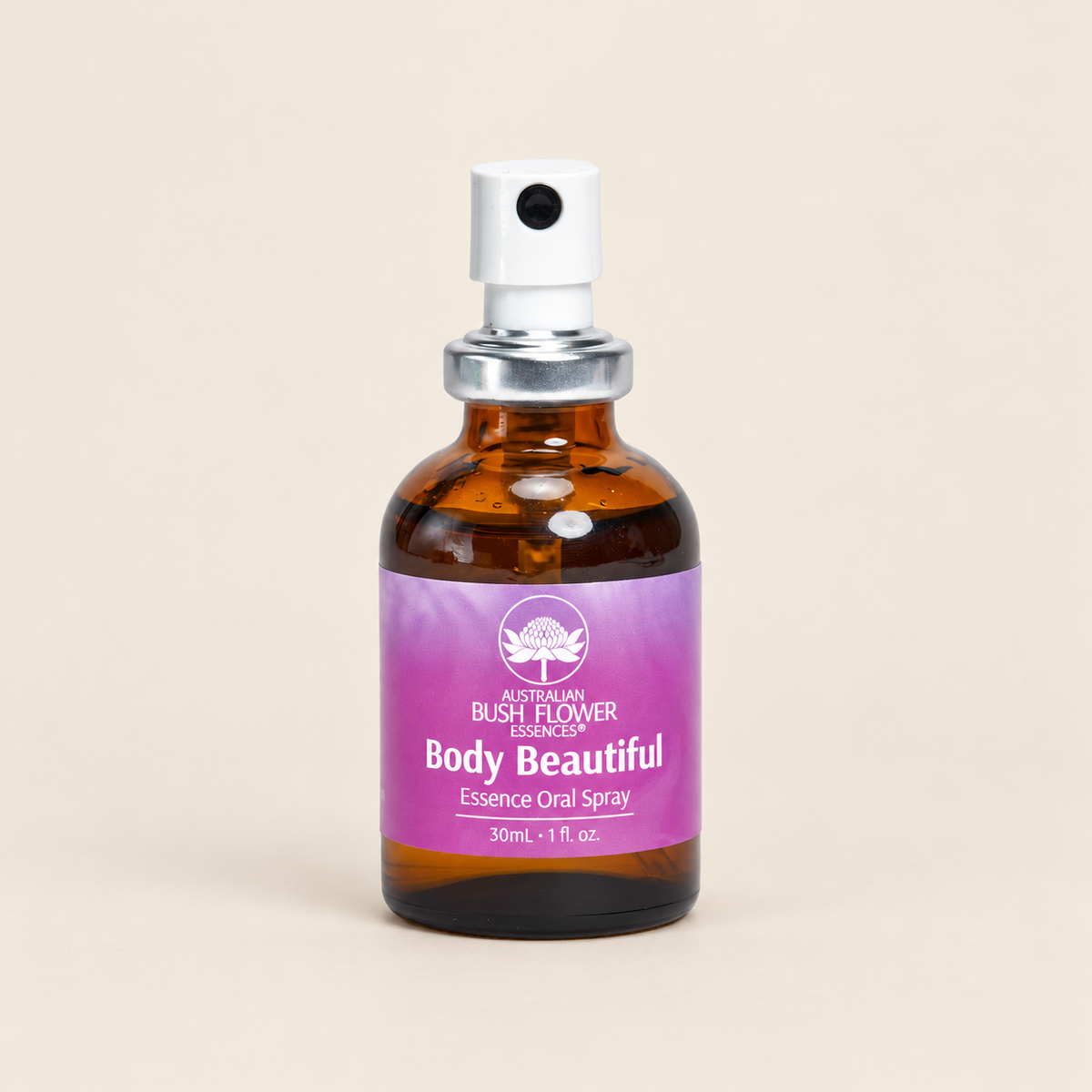 Australian Bush Flower body beautiful oral spray 30ml — product on a warm beige background