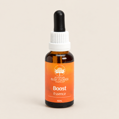 Australian Bush Flower Boost Essence Drops – 30ml — bottle front on beige background