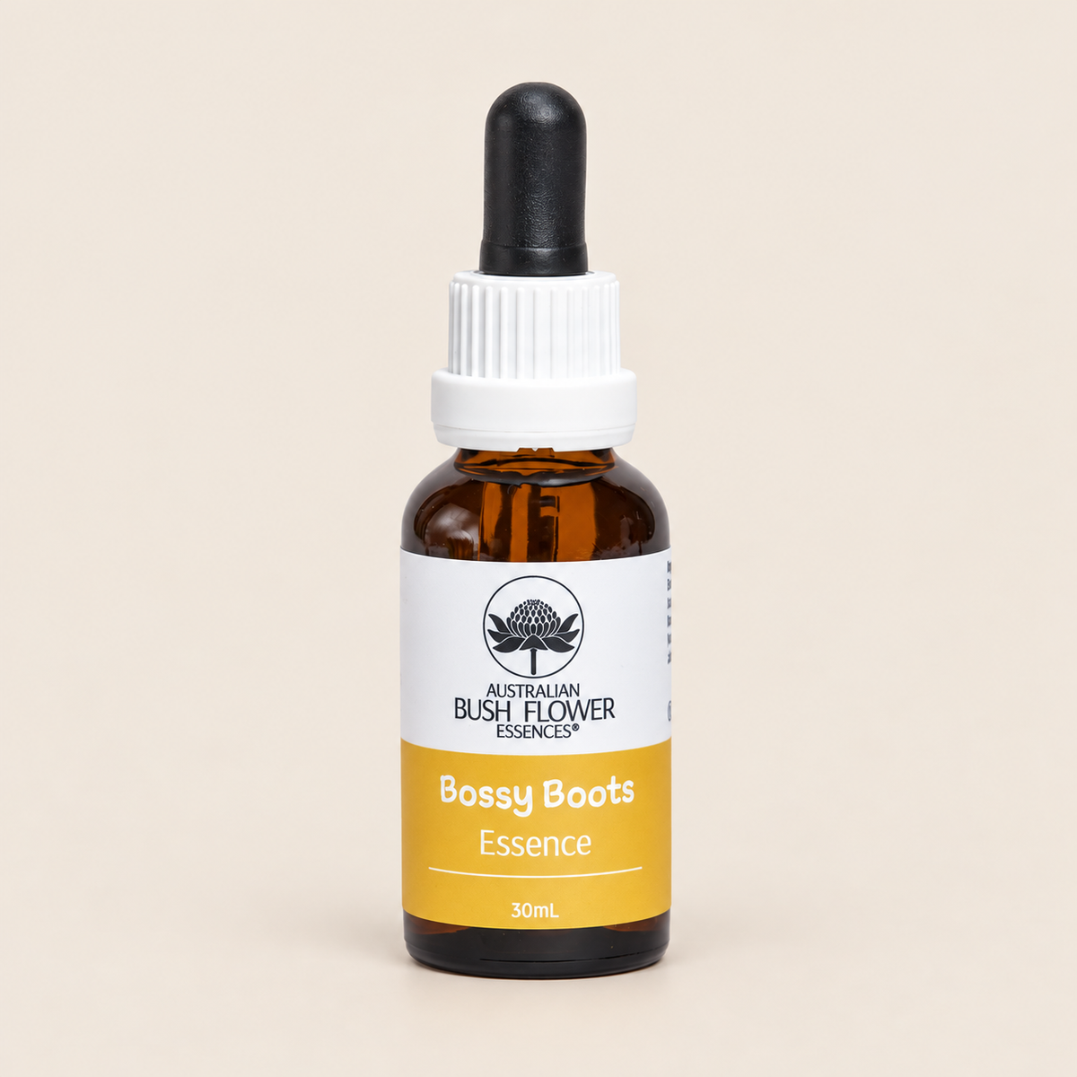 Australian Bush Flower Bossy Boots Essence Drops – 30ml — bottle front on beige background